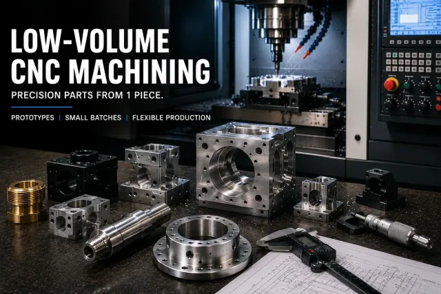 Several prototype and small-batch CNC parts of different geometries on an inspection table with gauges; a machining center with a few finished parts in the background