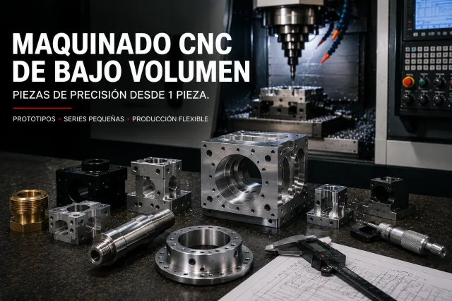 Varias piezas CNC de prototipo y pequeña serie de distintas geometrías sobre mesa de inspección con calibres; al fondo un centro de maquinado con pocas piezas terminadas