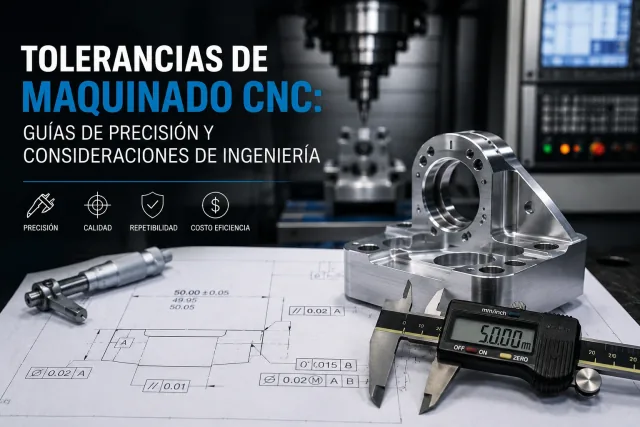 Ingeniero inspeccionando pieza mecanizada CNC con calibre y dibujo técnico con tolerancias dimensionales y GD&T sobre mesa de metrología