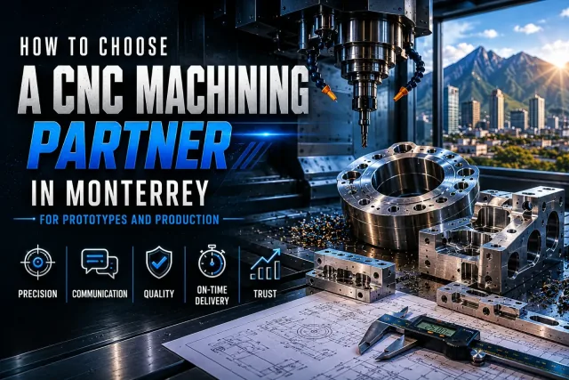 Purchasing engineer and product designer reviewing machined CNC parts and drawings in a Monterrey industrial setting, evaluating suppliers for prototypes and production