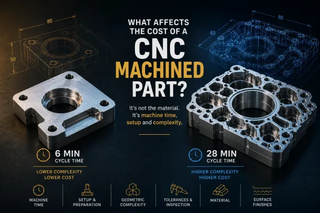 CNC machining center with several metal parts in process and an operator reviewing cycle times on the control screen