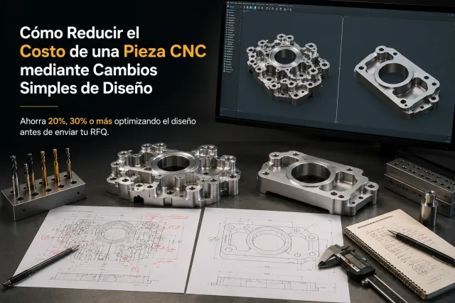Ingeniero revisando modelo CAD junto a pieza mecanizada CNC, comparando diseño original y versión optimizada para manufactura