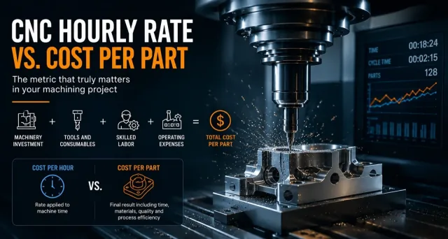 Operator in front of a CNC machining center with a control screen and cycle time visible