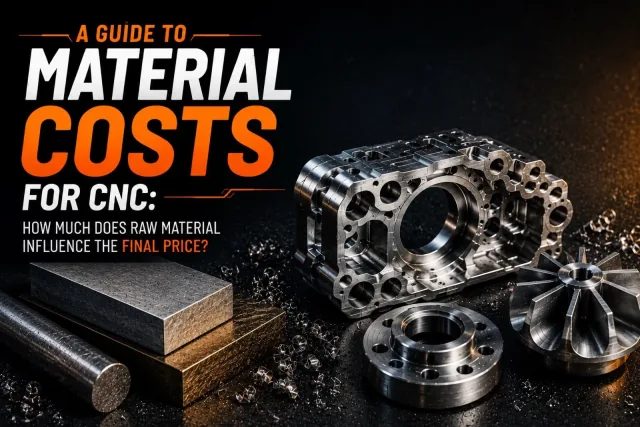 Aluminum, steel, and titanium stock blocks next to finished CNC parts, illustrating the relationship between raw material and manufacturing cost