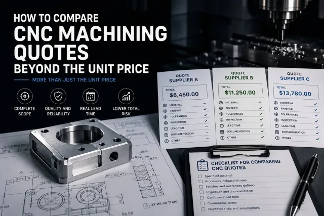 Three CNC machining quotes on a desk with a technical drawing, a machined part, and a supplier comparison checklist