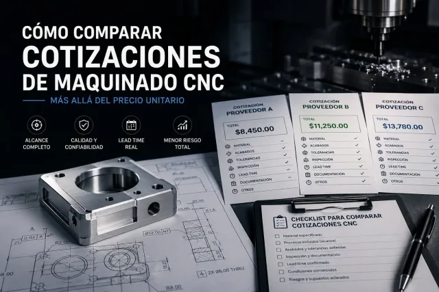 Tres cotizaciones de maquinado CNC sobre un escritorio con plano técnico, pieza mecanizada y checklist de comparación entre proveedores