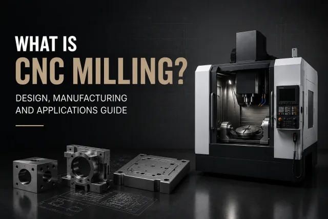 CNC machining center milling an aluminum part with multiple pockets, chip flow, and a rotary cutting tool in an industrial shop