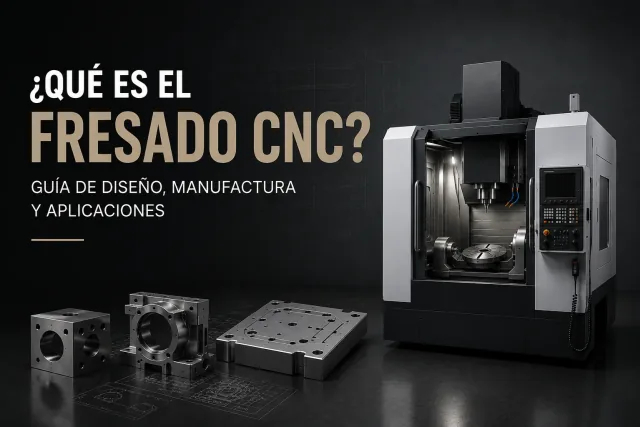 Centro de maquinado CNC fresando pieza de aluminio con múltiples cavidades, viruta y herramienta rotativa en taller industrial