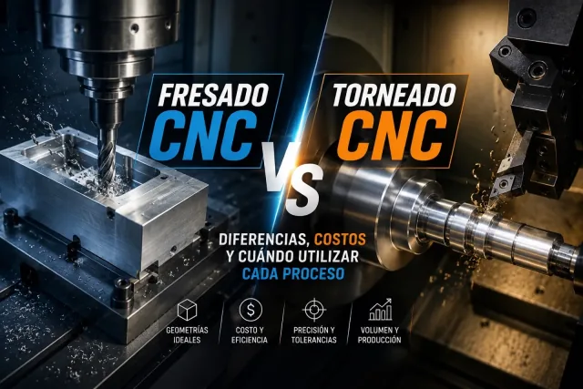 Comparación visual de fresado CNC y torneado CNC: centro de maquinado con pieza prismática y torno CNC con eje cilíndrico en taller industrial