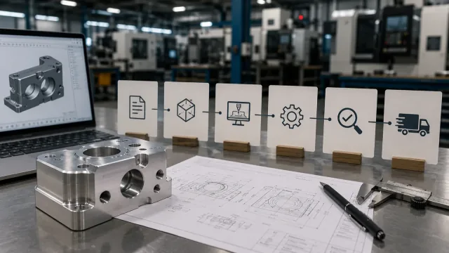 Manufacturing engineer reviewing a drawing and production schedule next to CNC-machined parts in an industrial shop