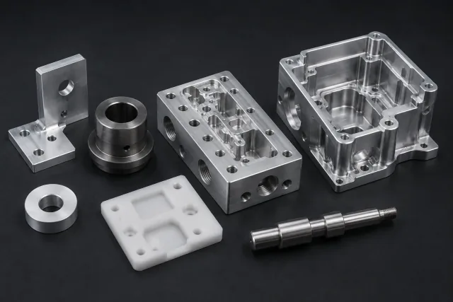 Comparison of seven CNC machined parts — spacer, bushing, bracket, Delrin plate, shaft, manifold, and housing — with USD price ranges