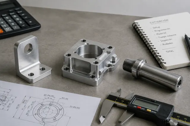 Piezas prototipo de aluminio maquinadas en CNC sobre una mesa de trabajo junto a un calibrador y una etiqueta de precio, representando el costo de un prototipo CNC
