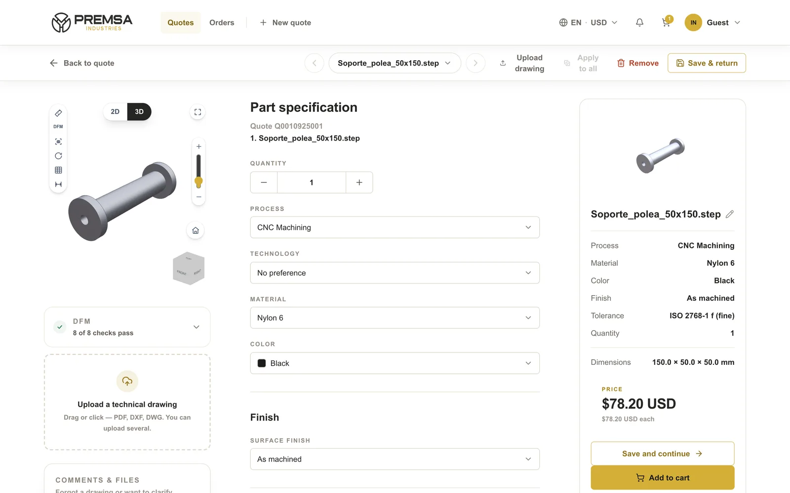 CNC machining or 3D printing part configuration in the PREMSA portal