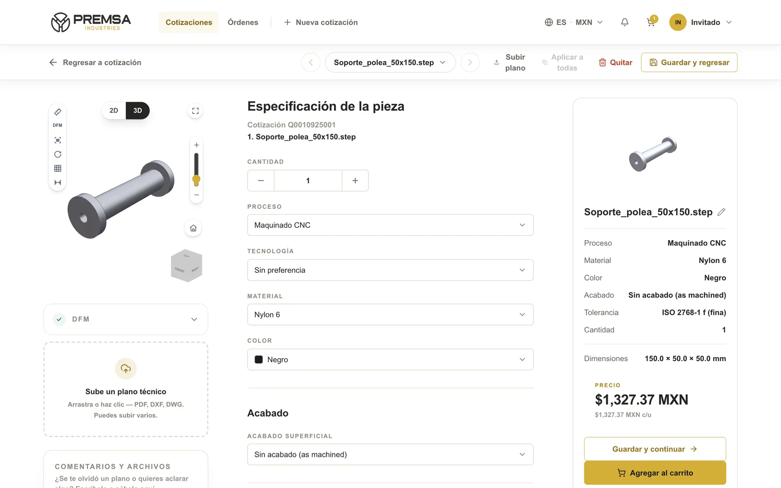 Configuración de pieza de maquinado CNC o impresión 3D en el portal de PREMSA
