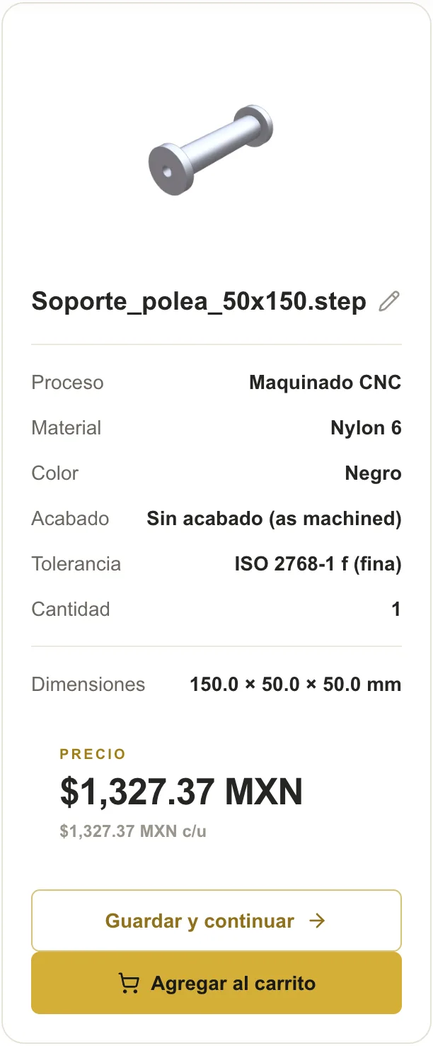 Precio instantáneo de una pieza maquinada en el portal de PREMSA