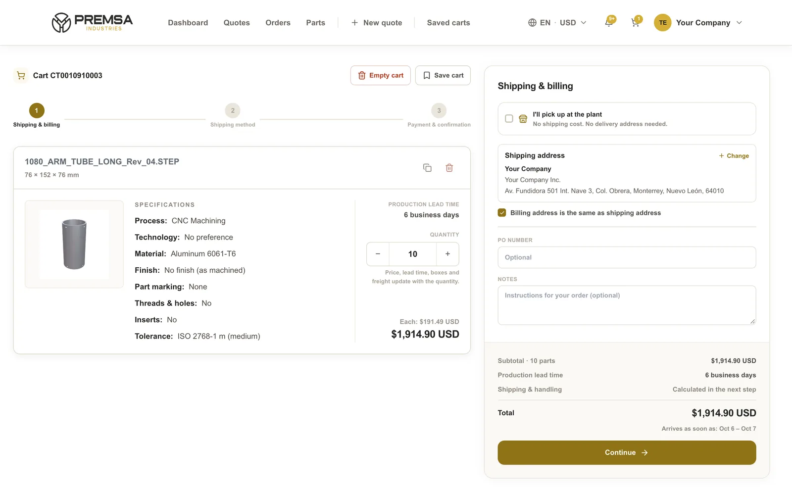 PREMSA portal cart with shipping and billing