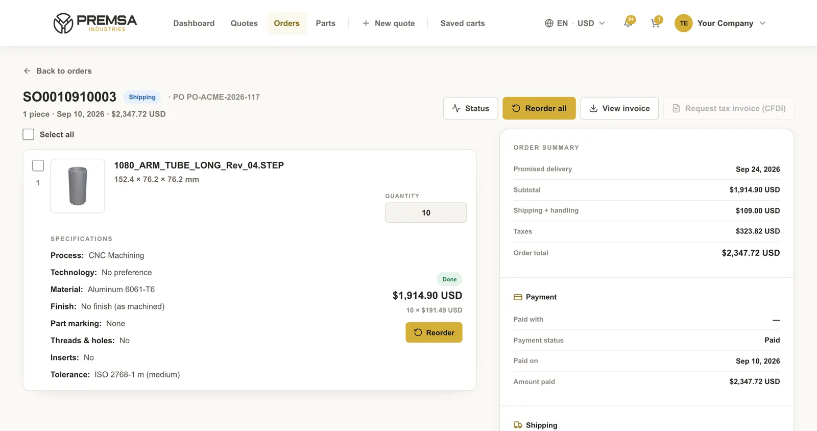 Order tracking in the PREMSA portal