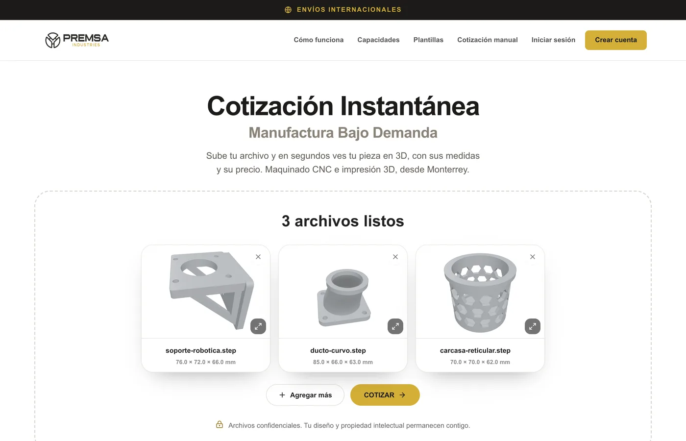 Your three parts uploaded to the portal, each in 3D with its dimensions
