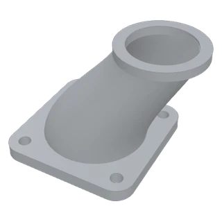 CAD model of a curved air duct with mounting flange and circular outlet
